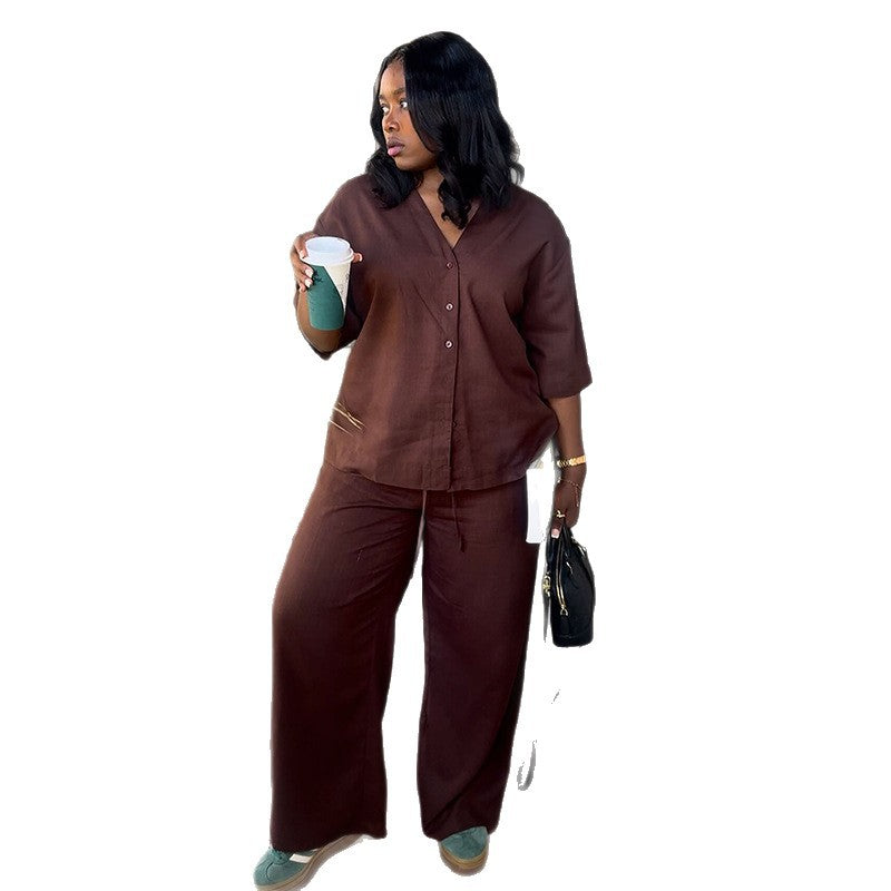 European and american women's clothing  autumn new collection: sweet and fresh v-neck five-sleeve blouse and high-waisted straight-leg pants two-piece set