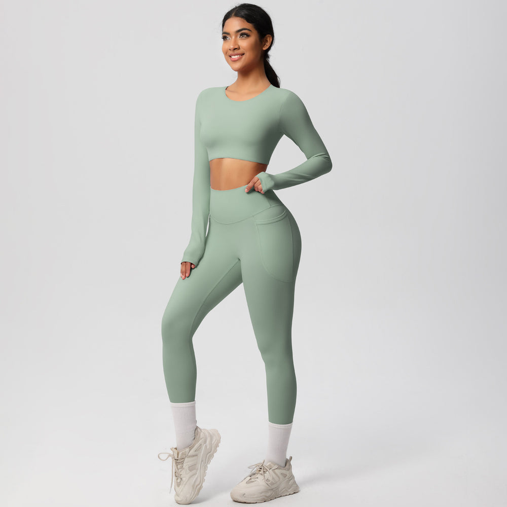 nude feeling tight high waistflap pocket pants crop toplong sleevestops yoga clothes quick-drying running sports fitness suit