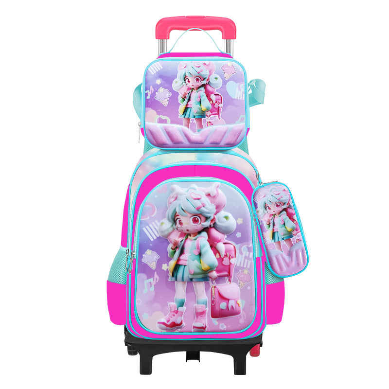 New 3d leather elementary school nylon fabric three-piece set kids' trolley backpack foreign trade lunch bag factory in stock