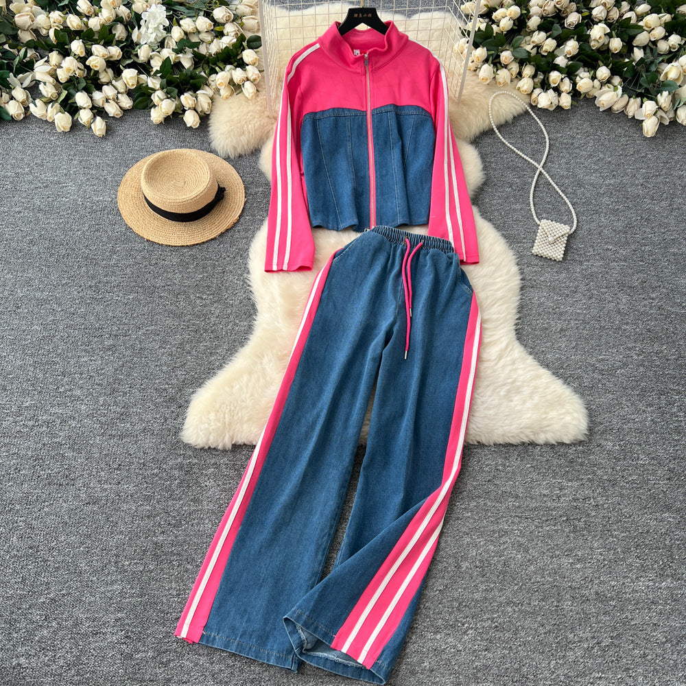 Women's autumn casual outfit: vintage stand collar denim patchwork long sleeve top t-shirt + wide leg straight pants two-piece set