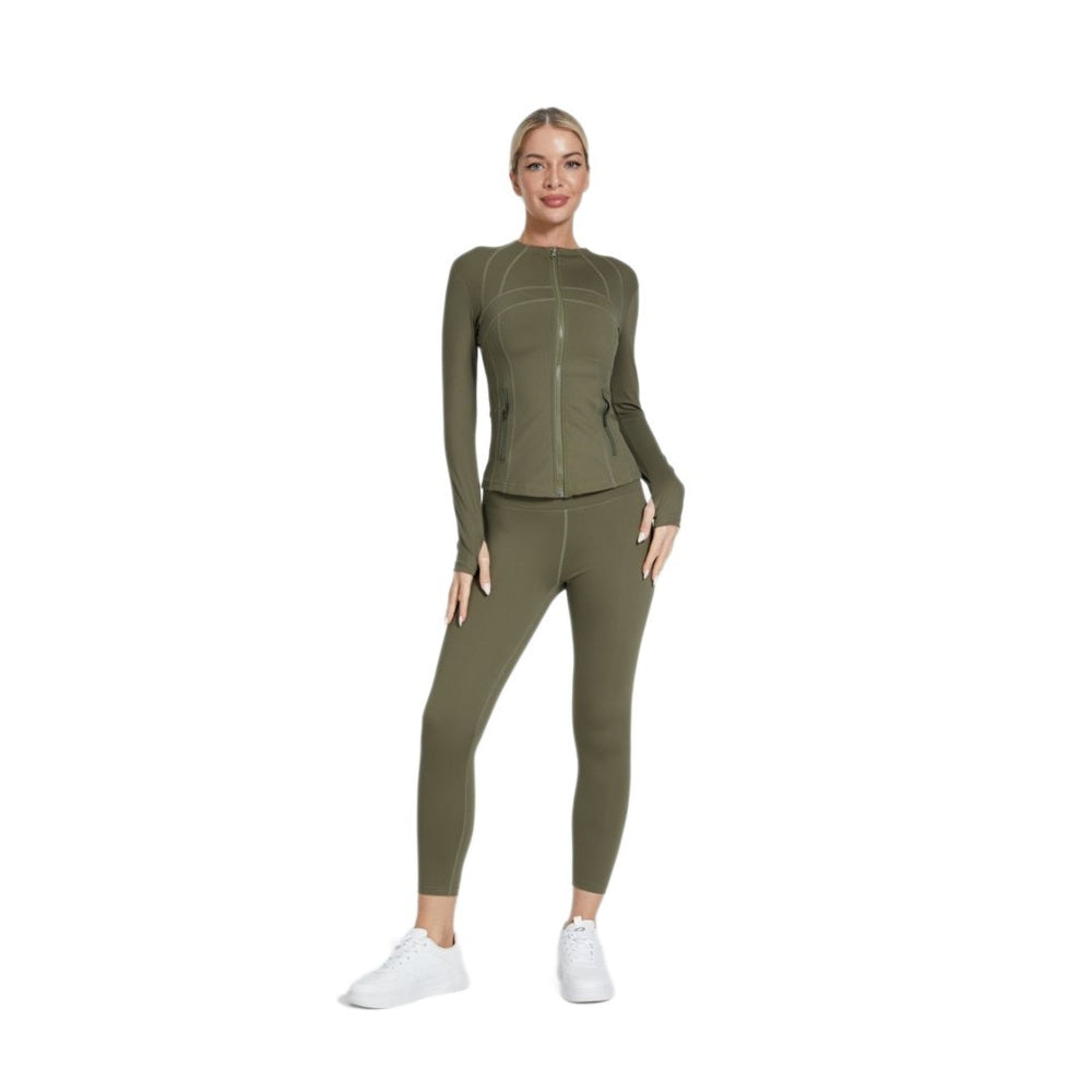 Ready-to-ship 3-piece lulu-inspired set: high-stretch, quick-dry, side-pocket zip-up jacket, bra, and leggings