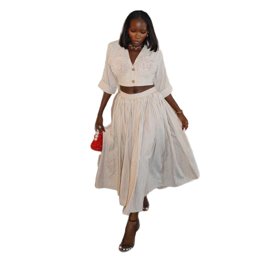 European and american cross-border women's fashion:  summer new collection - stylish 3d floral striped blouse and high-waisted midi skirt set