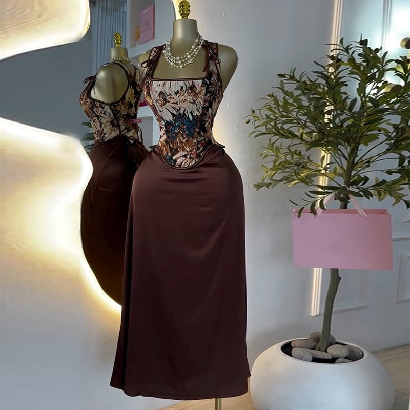 European and american cross-border women's fashion  summer new arrival: elegant printed bowknot vest top and high-waisted midi skirt set