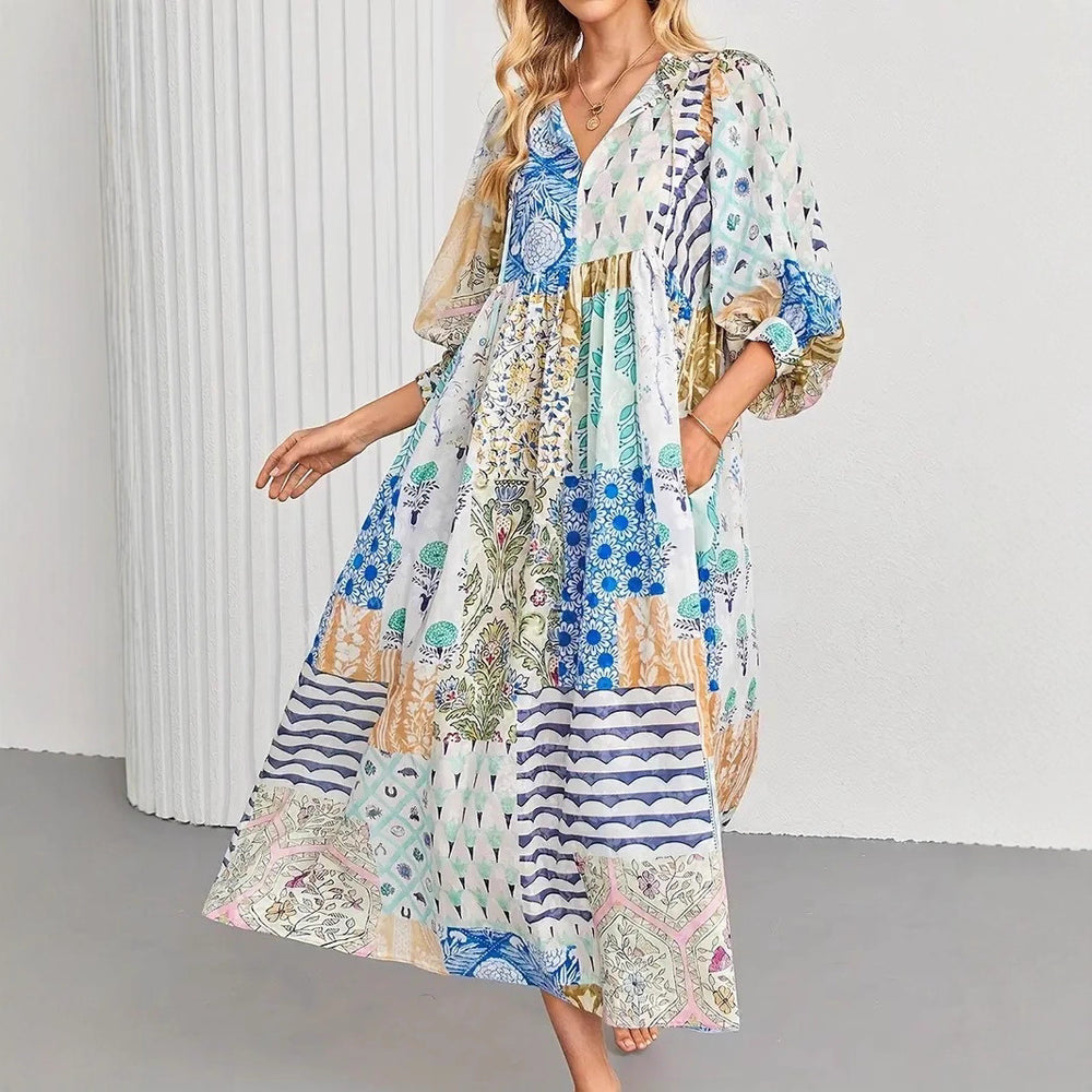 European and american cross-border   hot seller: bohemian lantern sleeve fashion print maxi dress