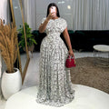 European and american cross-border women's fashion:  summer new arrivals - elegant round neck printed waist-cinching maxi dress with flared skirt and short sleeves