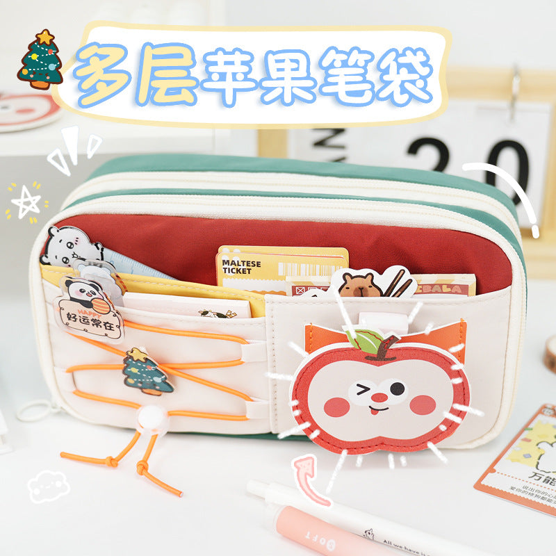 School season pencil bag large capacity cute cute apple pencil bag primary school students multi-layer stationery bag drawstring high value