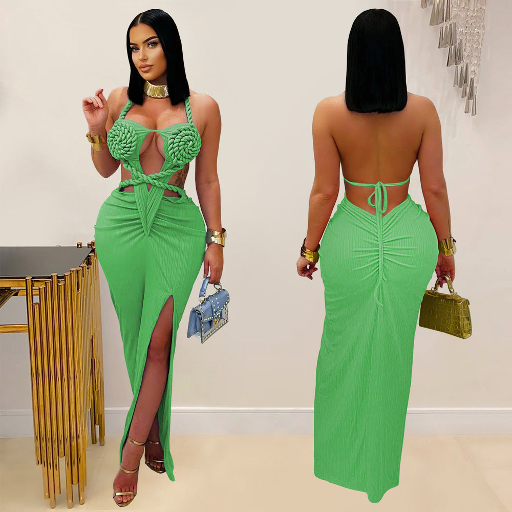 C7407 cross-border   fashion women's sexy knitted halter backless solid color dress