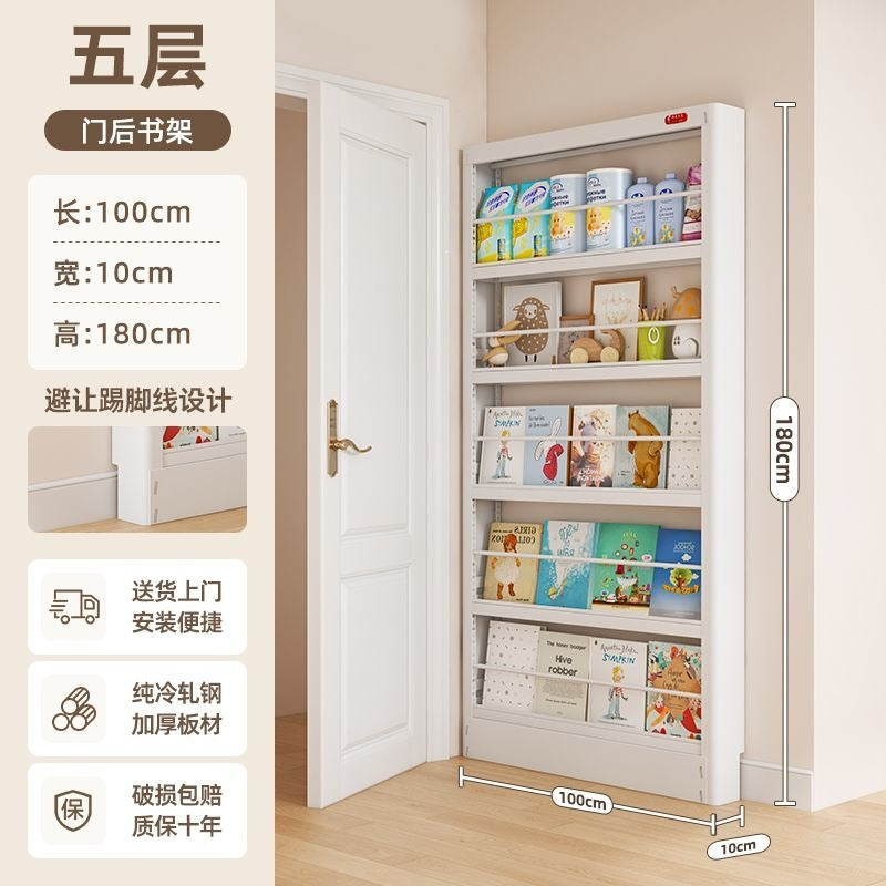 Behind-the-door bookshelf, ultra-slim over-the-door organizer, steel kids' storage rack for picture books, home wall bookshelf