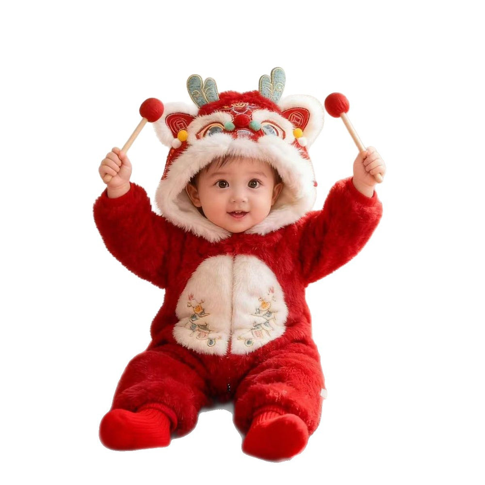 Autumn/winter fleece-lined full month, 100-day, and first birthday baby clothes - unisex chinese style rompers, traditional chinese winter onesies/hoodies