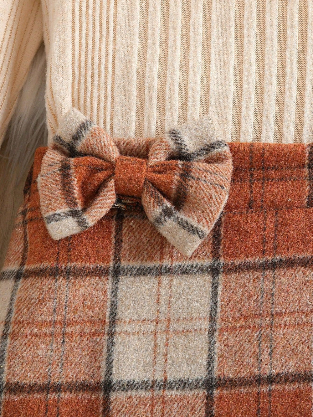 autumn new arrival: mock neck princess sleeve top + plaid skirt two-piece set