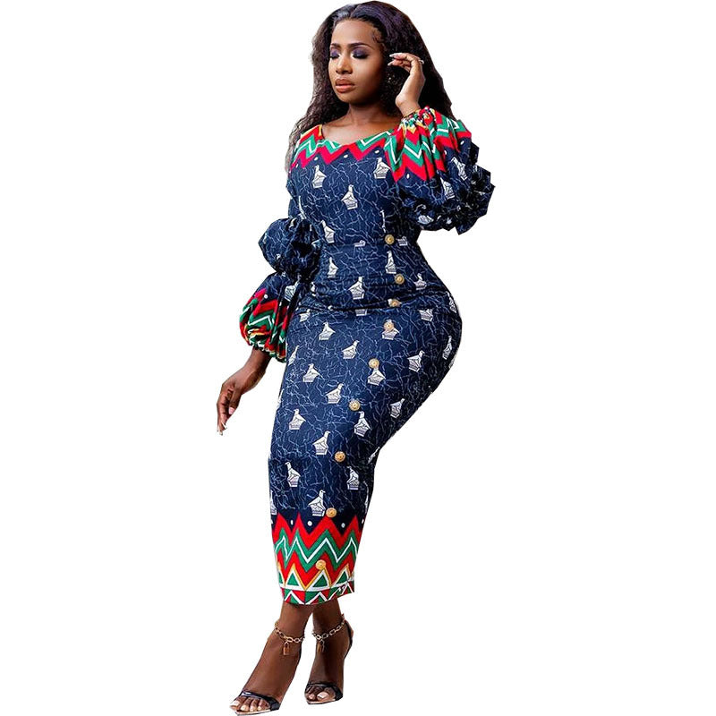 European, american, and african fashion cross-border  new print slim-fit maxi dress with lantern sleeves - special offer
