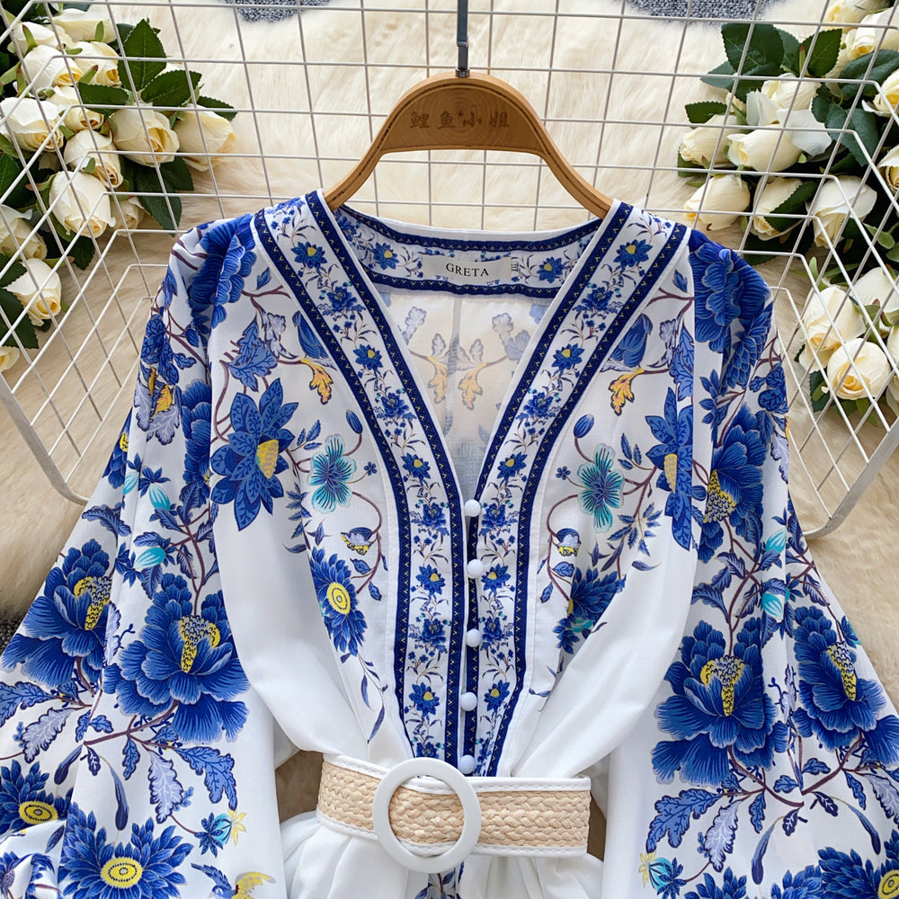 European fashion printed dress - women's court style, slimming a-line mini dress with v-neck, lantern sleeves, and pleated detailing