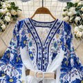European fashion printed dress - women's court style, slimming a-line mini dress with v-neck, lantern sleeves, and pleated detailing