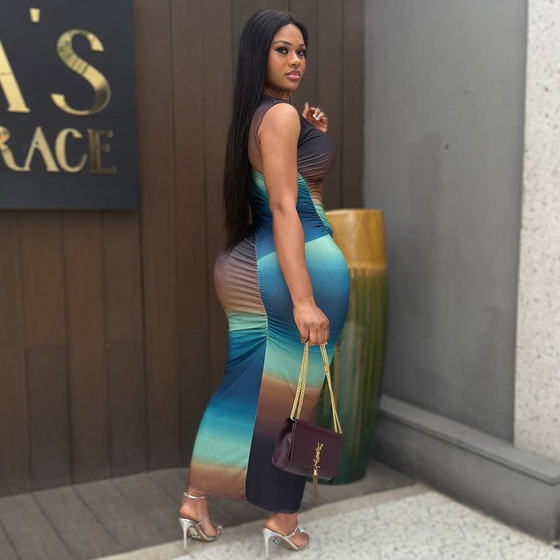 European and american style sexy slim-fit fashion gradient color block bodycon dress high neck sleeveless ruched maxi dress women's clothing