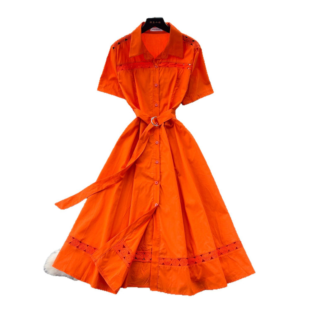 Lightly mature elegance style polo collar short-sleeved a-line dress women's summerk-style waist slimming lookelegantwork clothing skirt