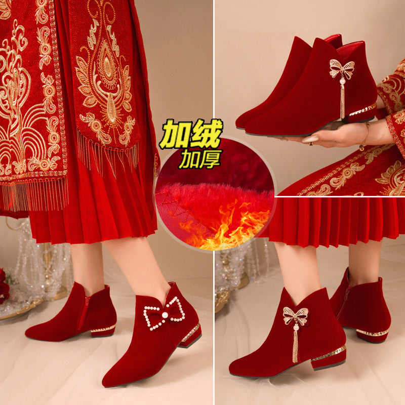 Winter wedding shoes women's thick heel plus size red short boots fleece-lined bridal shoes xiuhe red shoes toast high heels winter