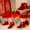 Winter wedding shoes women's thick heel plus size red short boots fleece-lined bridal shoes xiuhe red shoes toast high heels winter