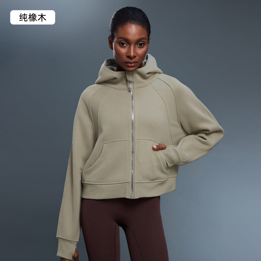 Women's fall/winter hooded cardigan sweatshirt - fleece lined, warm, zip-up jacket - age-defying, loose fit, casual activewear top d25130