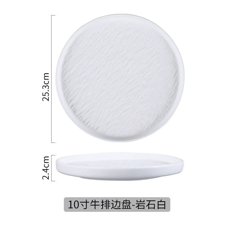 Japanese-style premium black and white ceramic dinnerware - high-end rock texture dinner plates for home use - round steak and chop dishes for restaurants