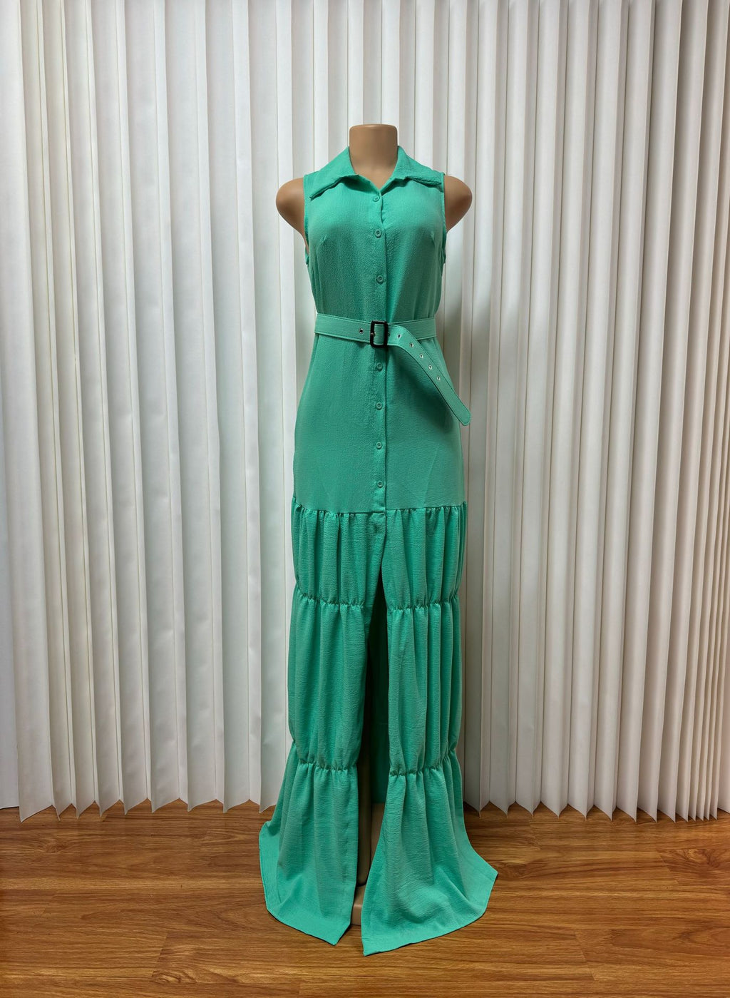 Europe and the United States  new women's clothing lapel cardigan sleeveless solid color temperament long dress with belt