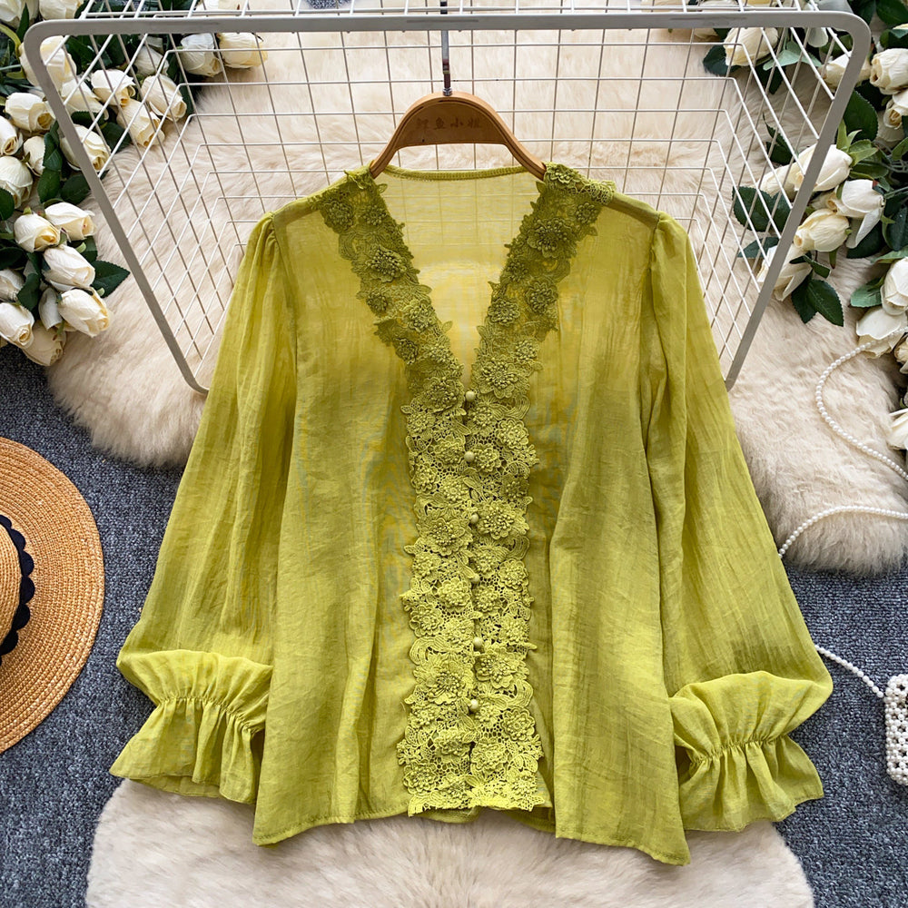 Korean style commute v-neck lace patchwork shirt women's long sleeve loose cardigan rose red top - autumn  collection