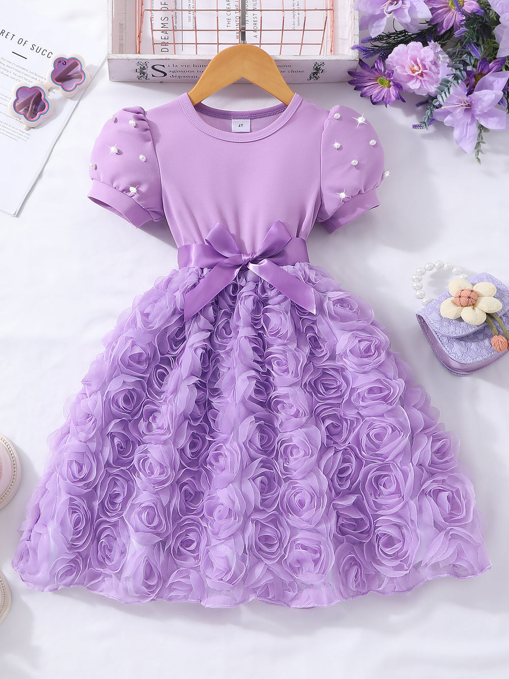 Girls' dress for toddlers and young children, pearl-embellished short-sleeve rose dress