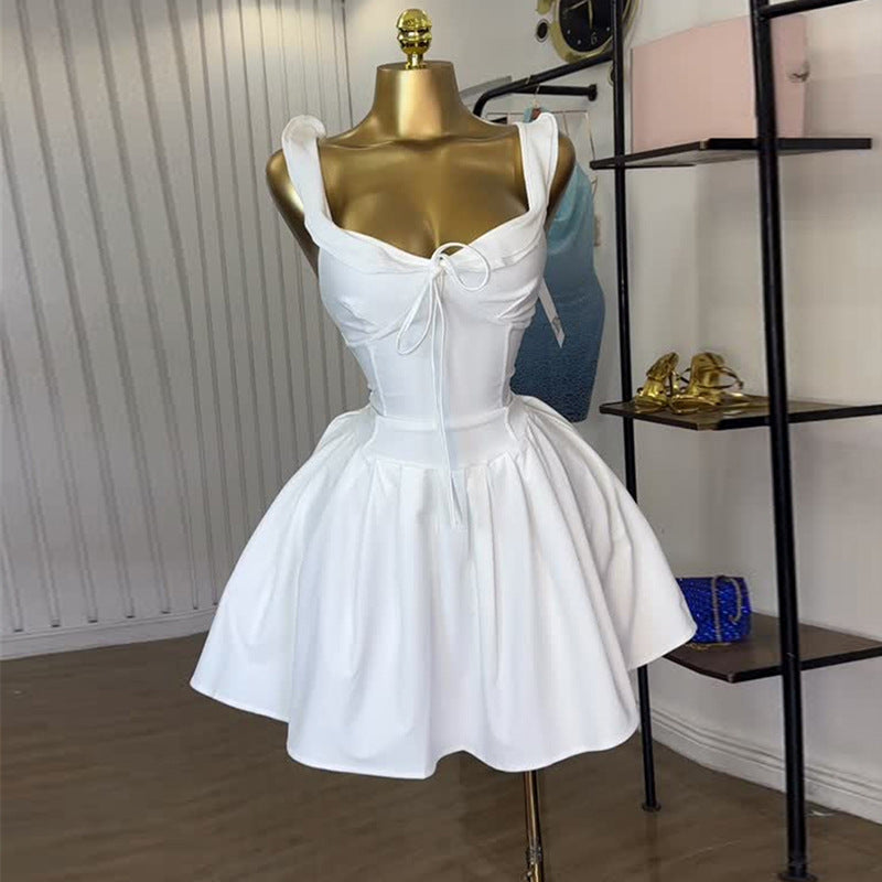 European and american cross-border women's fashion:  summer new arrival - elegant tie-waist high-waisted a-line sleeveless mini slip dress