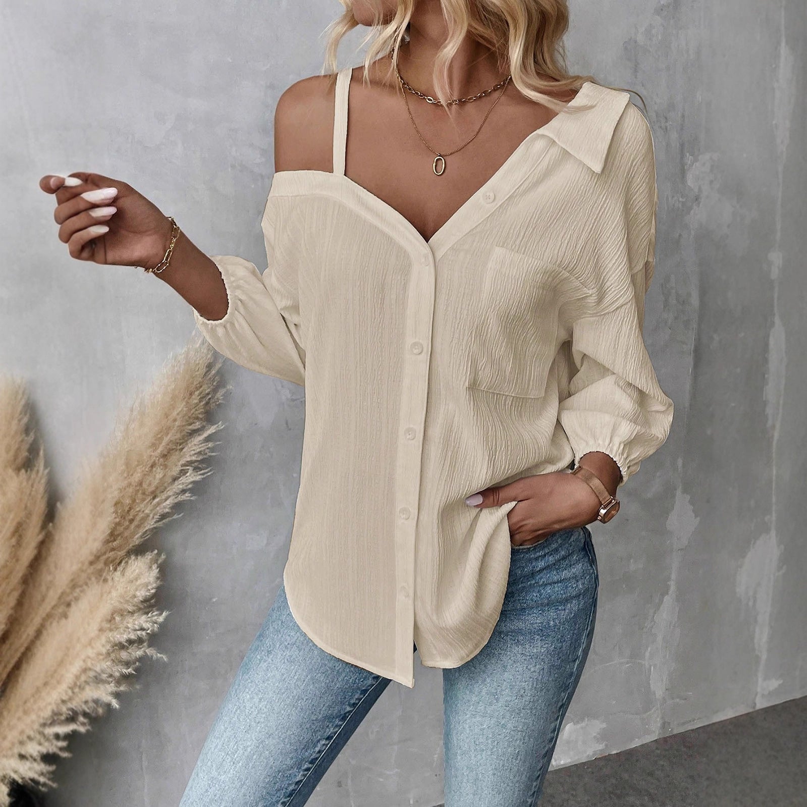 Spot 2025 spring and summer European and American independent station  lapel seven-quarter sleeve off-the-shoulder cardigan texture single-breasted casual