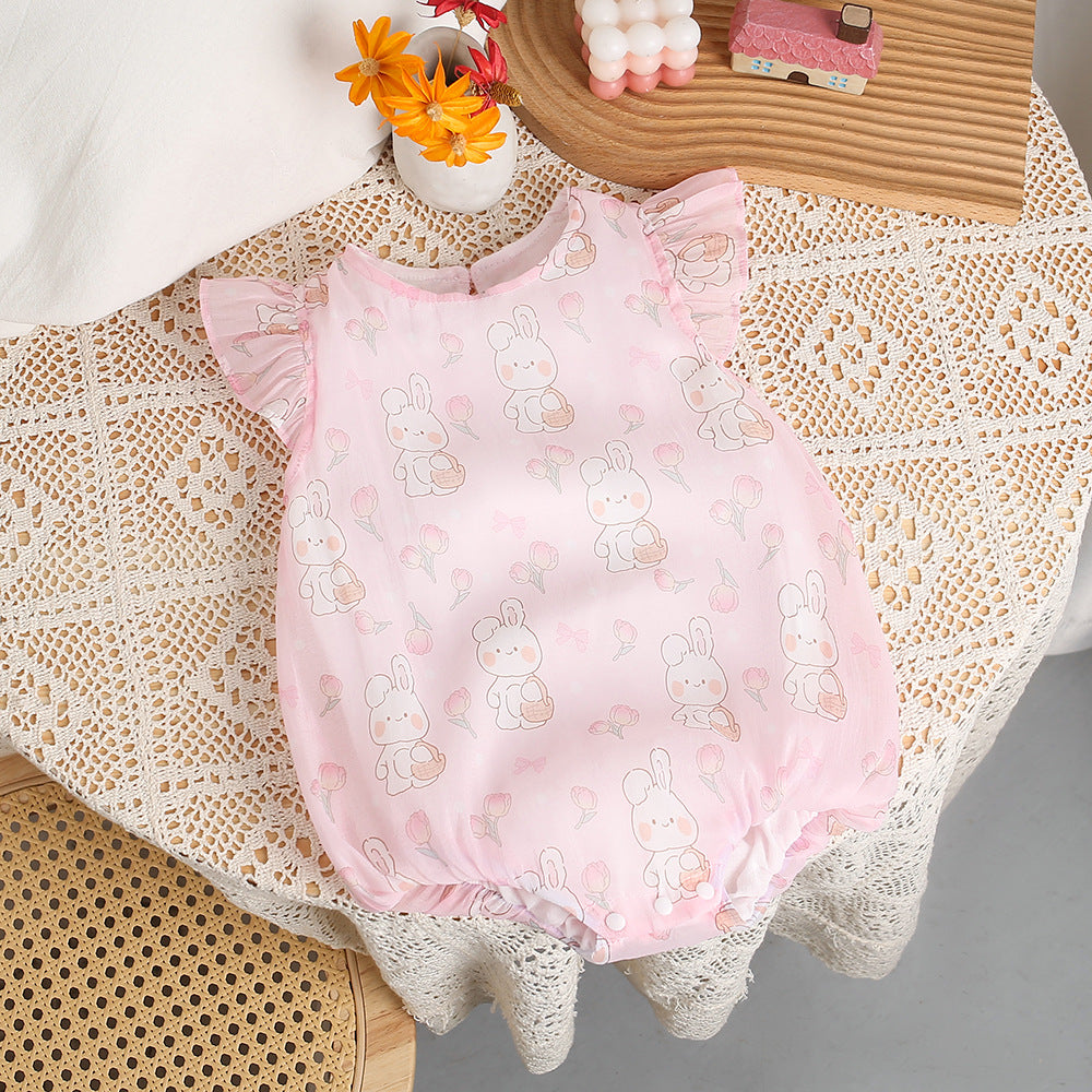 Summer baby flutter sleeve romper - adorable cartoon bunny onesie for sweet baby girls, perfect for newborn milestone photos and outdoor wear