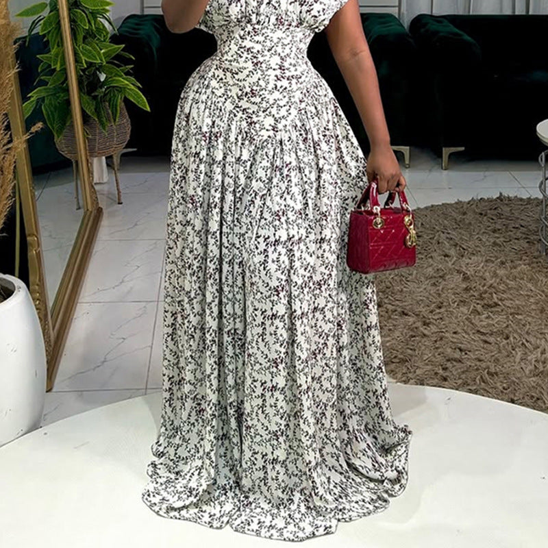 European and american cross-border women's fashion:  summer new arrivals - elegant round neck printed waist-cinching maxi dress with flared skirt and short sleeves