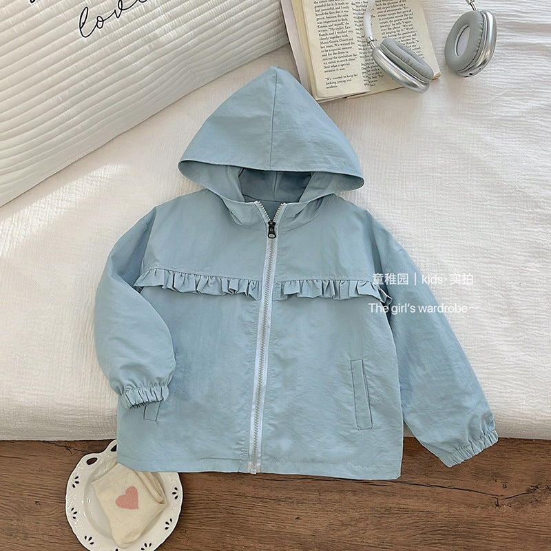 Girls' korean style spring/summer new fashion hooded loose casual versatile lace trim hoodie jacket trendy top