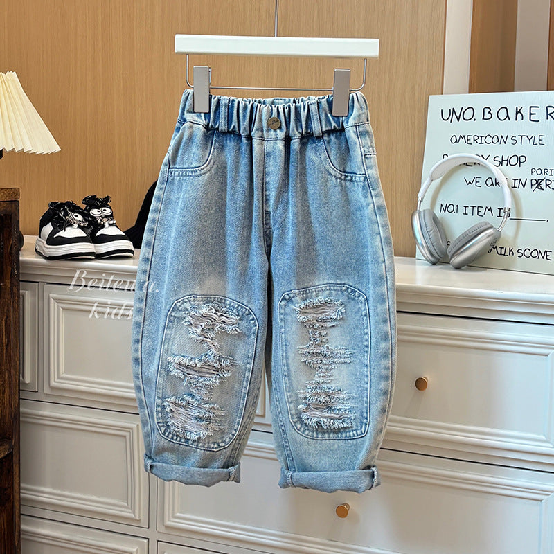 Boys' new autumn ripped jeans, korean style casual pants, stylish and versatile fashionable loose-fit trousers