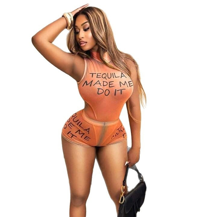 fashion  summer export fashion high collar printing letters sleeveless sexy jumpsuit shorts suit women