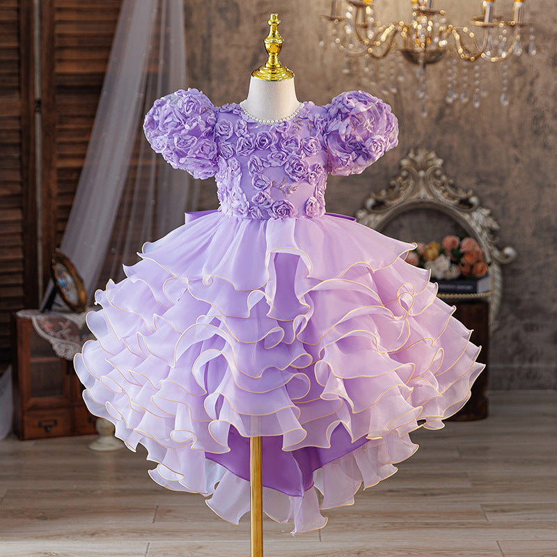 European and american style girls' bubble sleeve dress with 3d floral appliques, tiered cake skirt, and train - ready to ship
