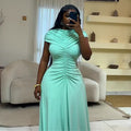 European and american women's clothing  autumn new collection: sweet and fresh semi-high neck short sleeve high-waisted slimming maxi dress