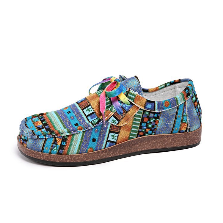 export plus size ethnic style casual flats women's colorful lace-up graffiti low-top canvas shoes wood grain thick sole shoes