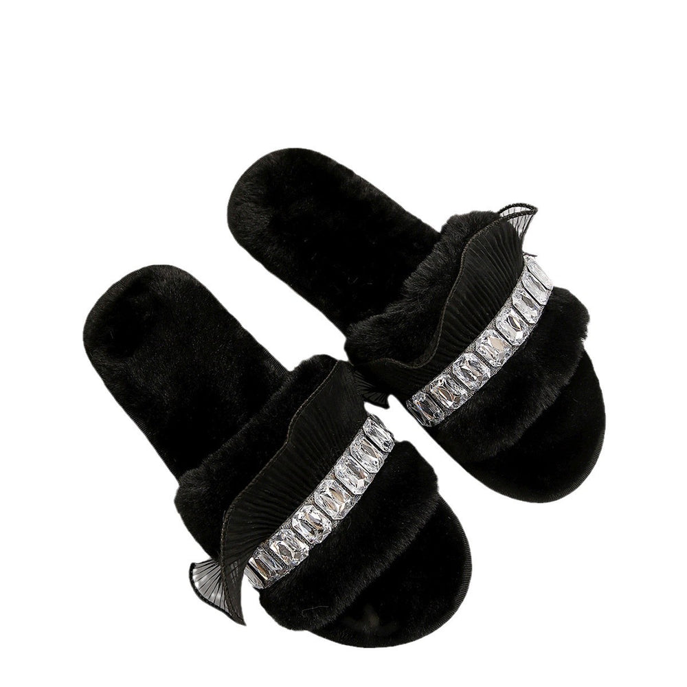 2024 hip-hop new arrival rhinestone fur slippers for women fall and winter home plus velvet heattechlace edge plush slippers for women