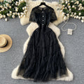 French chic high-end mini dress - women's exquisite beaded & embroidered short-sleeve, slim-fit, flattering, and fluffy tulle dress