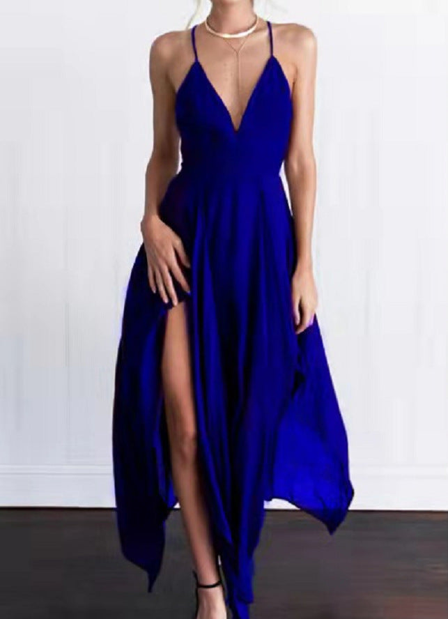 cross-border  summer european and american style women's camisole v-neck asymmetrical hem sexy maxi dress