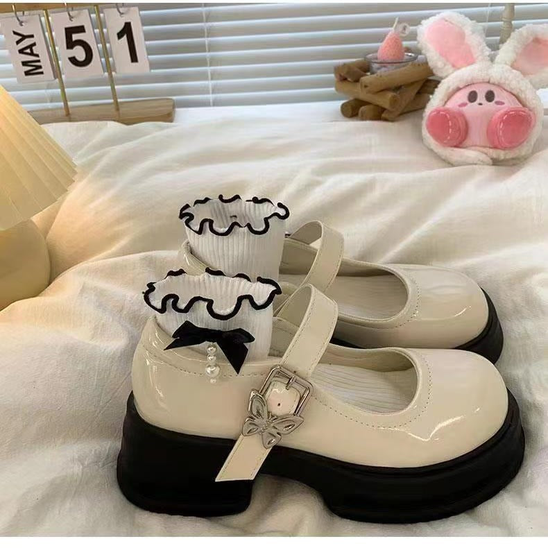 Korean version of black thick heel platform small leather shoes women's 2024 spring new heightening Mary Jane shoes shorty Le high heels