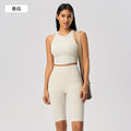 Short sleeveless sports vest women's nude stretch fixed cup high round neck fitness yoga clothes topsd25030