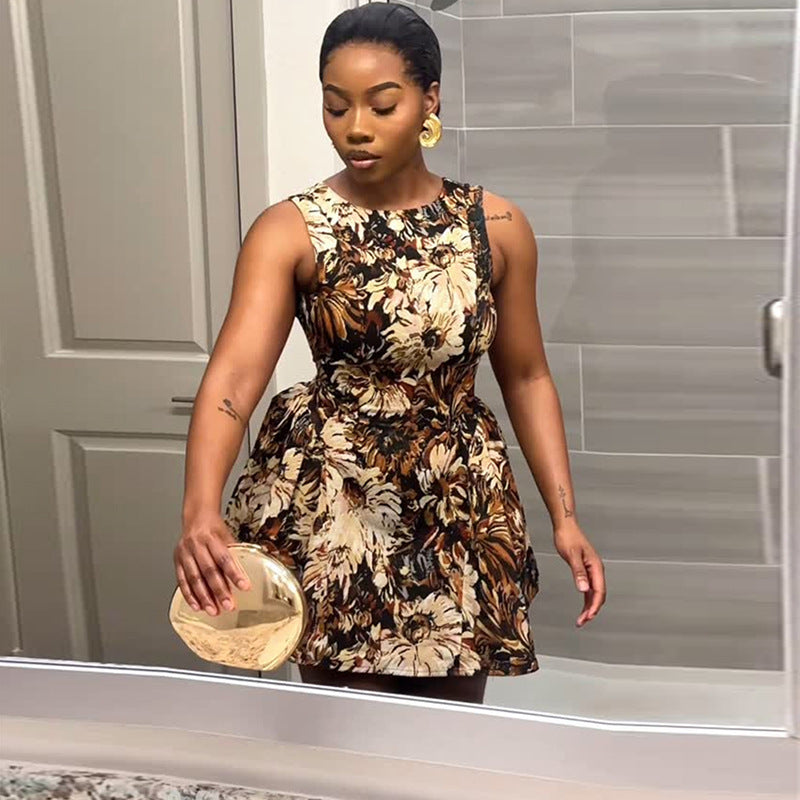 European and american cross-border women's fashion  summer new arrival: elegant round neck printed high-waisted a-line sleeveless mini dress