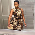 European and american cross-border women's fashion  summer new arrival: elegant round neck printed high-waisted a-line sleeveless mini dress