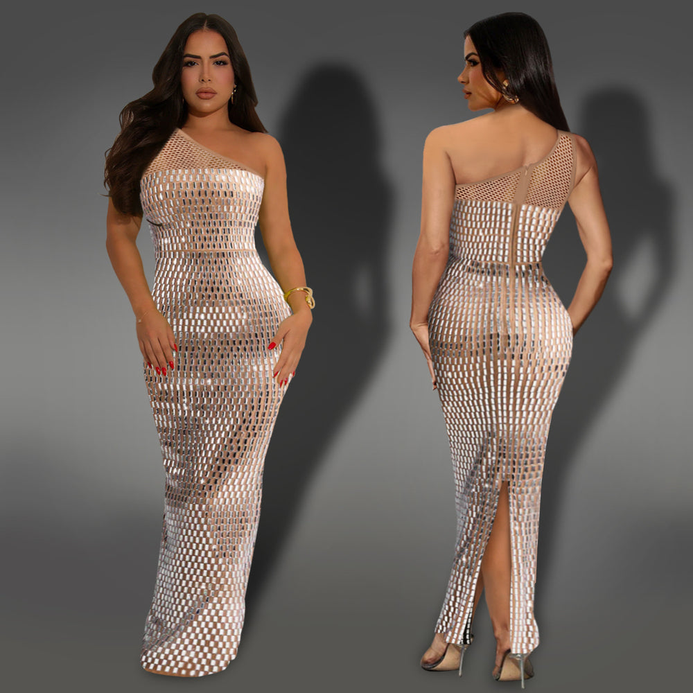 C7422 cross-border   fashion women's sexy mesh rhinestone one-shoulder sleeveless dress
