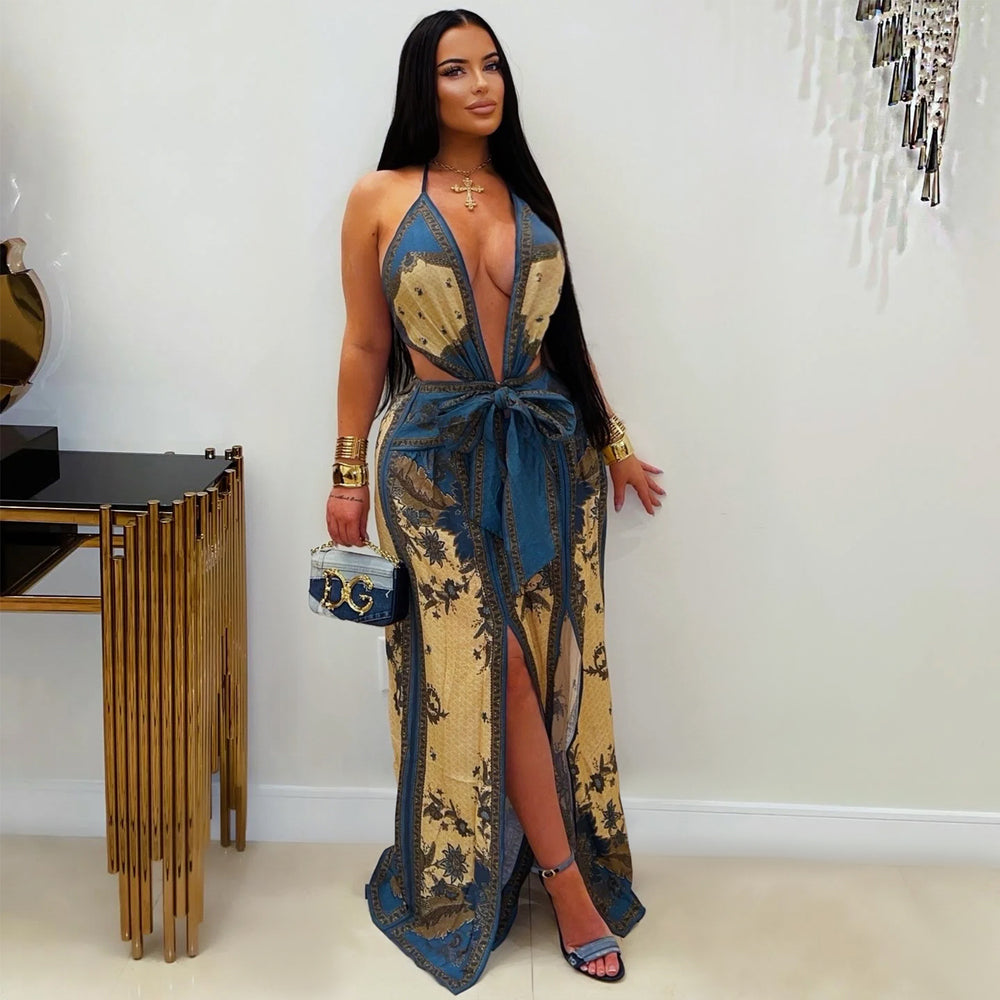 C7772 cross-border  new women's retro print deep v waist tie-up slit wide leg vacation style jumpsuit