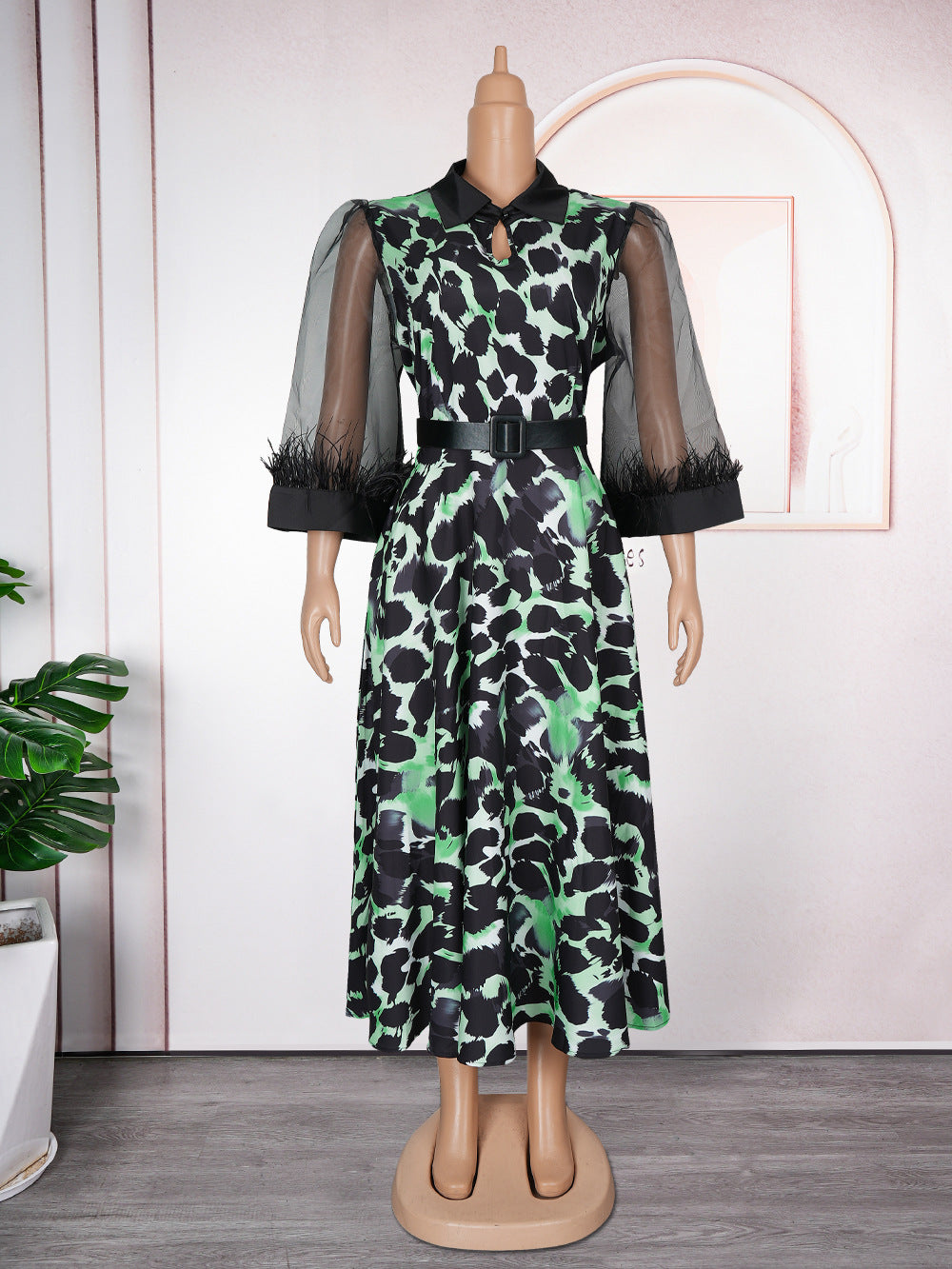 new arrival  african women's plus size cross-border trade three-quarter sleeve black feather lapel printed dress
