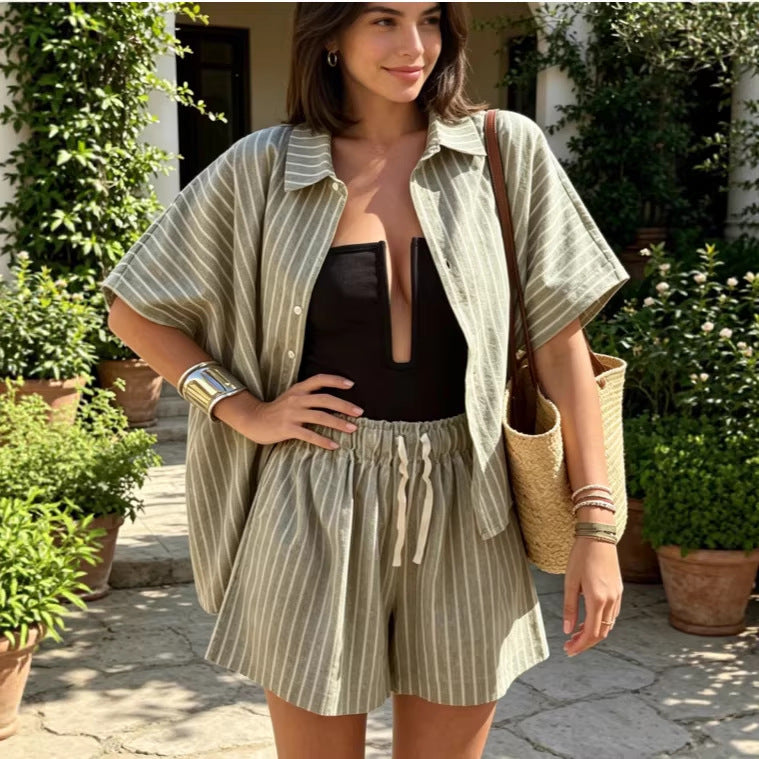 fashionsummer  stripesshirtflap pocket pants shorts loosecasualsuit for women