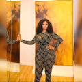European and american cross-border women's fashion  autumn new collection: long sleeve crew neck printed maxi dress with sexy slim-fit leggings set