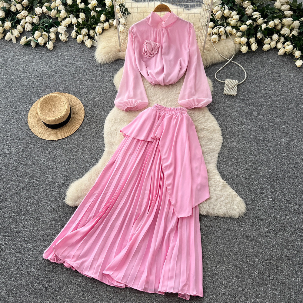 Light mature style red lantern sleeve stereo flower two-piece set women's spring waist pleated skirt classyelegantsuit