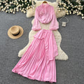 Light mature style red lantern sleeve stereo flower two-piece set women's spring waist pleated skirt classyelegantsuit